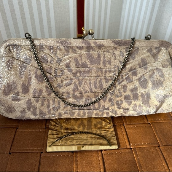 HOBO Handbags - Hobo International Gold Tan Leopard Print Clutch Kiss Lock with Chain Vintage